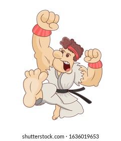 Funny cartoon martial artist performing a flying karate kick. Design for print, emblem, t-shirt, party decoration, sticker, logotype.