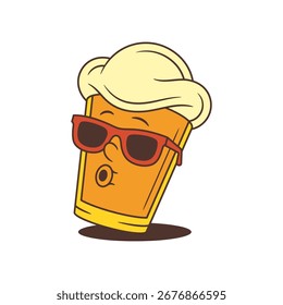 Engraçado mascote de desenho animado de vidro de cerveja amarela usando óculos de sol e assobiando com espuma grande em cima. Personagem alegre de bebida alcoólica para temas de festa. Ilustração isolada de vetor