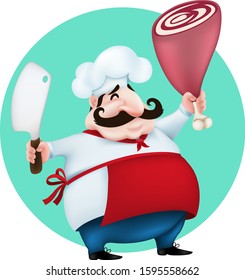 funny cartoon master chef  with meat hatchet cooking big lamb leg