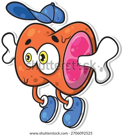 Funny cartoon meat on bone mascot wearing a blue cap. Cute steak vector character perfect for food logos, stickers, and branding designs