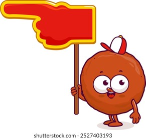 Funny cartoon meatball character. Sausage sub sandwich mascot. Fast food restaurant meatball mascot holding advertising blank pointing finger hand sign. Vector illustration