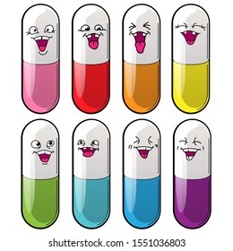 funny cartoon medication, smiling capsules, funny pills, happy drugs