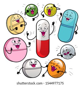 funny cartoon medication talk, smiling capsule conversation, funny pills, funny drugs, gesticulating chatter