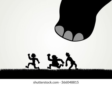 Funny cartoon of men fleeing panic from a giant dinosaur step