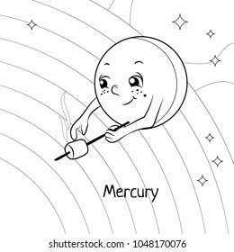 Funny cartoon Mercury. Black and white vector illustration for children's coloring book