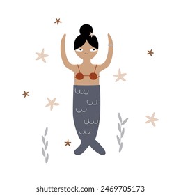 Funny cartoon mermaid. Childish graphic. Vector hand drawn illustration.