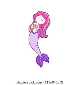 Funny cartoon mermaid. Patch, badge sticker. Icons, pattern for clothes, t-shirts, print, web design, postcards. Vector doodle illustration with cartoon comic character