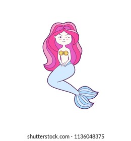 Funny cartoon mermaid. Patch, badge sticker. Icons, pattern for clothes, t-shirts, print, web design, postcards. Vector doodle illustration with cartoon comic character