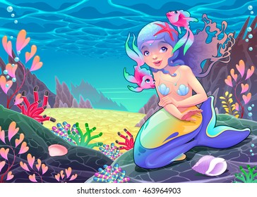 Funny cartoon mermaid in the seascape. Vector illustration