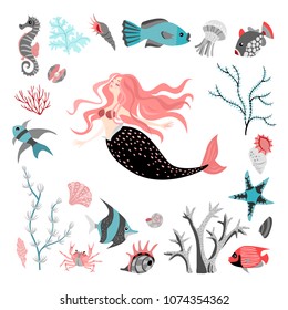 Funny cartoon mermaid surrounded by tropical fish, animal, seaweed and corals.  Sea life. Set of cute isolated vector illustrations on white background