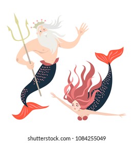 Funny cartoon mermaid and triton. Fairy tale characters Cute isolated vector illustrations on white background