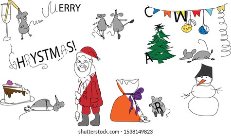 Funny cartoon Merry Christmas collection: fir-tree, snowman, santa, new year decorations, dancing and drinking mouses, celebrating the year of the Rat. Mess around doodle sketch. Cute wording. 