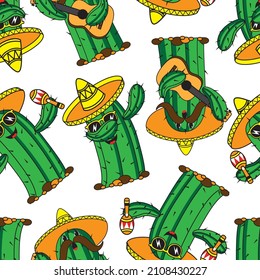 Funny cartoon mexican cactus in sombrero dancing dab and playing on guitar. Seamless pattern. Vector illustration.