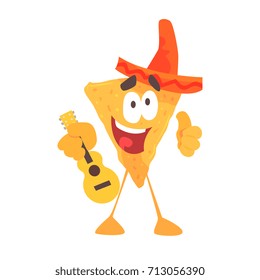 Funny cartoon Mexican nachos chip character wearing sombrero hat, traditional humanized food in traditional clothes playing guitar vector Illustration