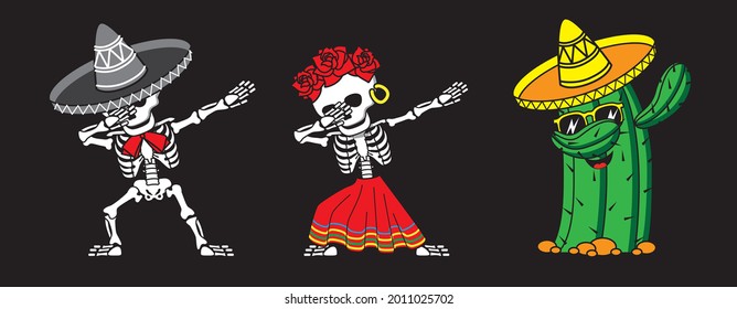 Funny cartoon mexican skeleton man and woman and cactus in sombrero make DAB move, dancing hip hop style. Day of the Dead vector illustration.