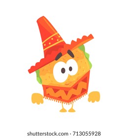 Funny cartoon Mexican taco character wearing poncho and sombrero hat, traditional humanized food in traditional clothes vector Illustration