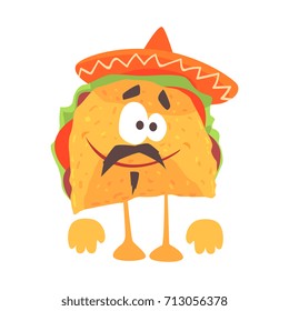 Funny cartoon Mexican taco character with meat and vegetables, traditional humanized food in traditional clothes vector Illustration