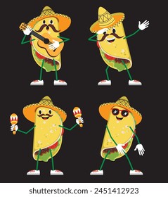 Divertidos tacos mexicanos de dibujos animados en sombrero bailando dab y tocando la guitarra. Ilustración vectorial.