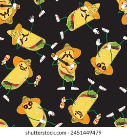 Funny cartoon mexican tacos in sombrero dancing dab and playing on guitar and maracas seamless pattern. Vector illustration.