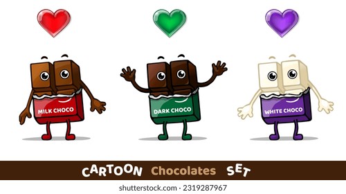 Funny cartoon Milk, Dark and White chocolates isolated on white background. Cartoon chocolate characters. Vector Illustration