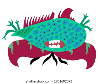 Funny cartoon mint and pink halloween monster with a lot of eyes, six arms and pink prickles on his back