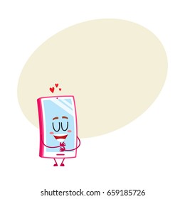 Funny cartoon mobile phone, smartphone character hugging itself, showing love, vector illustration with space for text. Pink cartoon mobile phone, smartphone character all in love