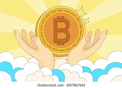 Funny cartoon modern illustration on bitcoin in god's hands on heaven in rays of lights. Meme illustration of bitcoin heaven for web news post in blog of t shirt print. Crypto Paradise bitcoin vector.