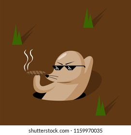  Funny cartoon mole smoking a cigarette,  vector illustration. 