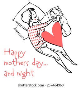 funny cartoon mom and her baby sleeps in the bed