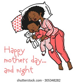 funny cartoon mom and her baby sleeps in the bed