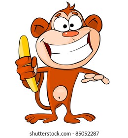 Funny cartoon monkey with banana isolated on white