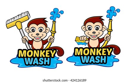 Funny cartoon monkey with brush and water hose. Monkey cartoon vector illustration