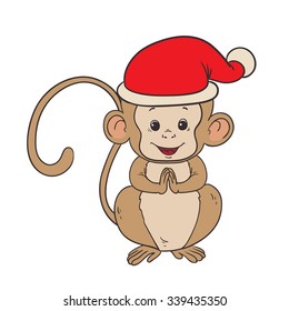Funny  cartoon monkey in the Christmas cap. Vector illustration.