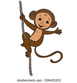 Funny cartoon monkey climbs on a rope. Vector illustration.