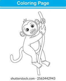 Funny cartoon monkey. Coloring pages. Vector illustration