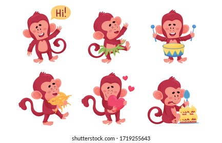 Funny Cartoon Monkey Dancing And Playing Drum Vector Set