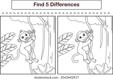 Funny cartoon monkey. Find 5 differences. Kids Education games. Cartoon vector illustration