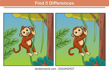 Funny cartoon monkey. Find 5 differences. Kids Education games. Cartoon vector illustration