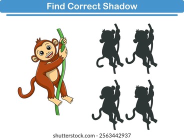 Funny cartoon monkey. find the correct shadow. Kids Education games. Cartoon vector illustration