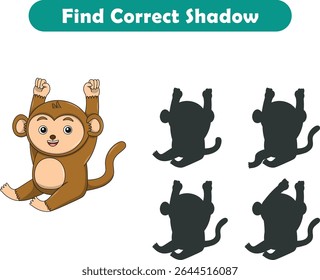 Funny cartoon monkey. find the correct shadow. Kids Education games. Cartoon vector illustration
