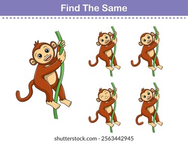 Funny cartoon monkey. Find same pictures. Educational game for children. Cartoon vector illustration