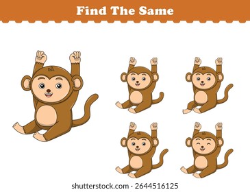 Funny cartoon monkey. Find same pictures. Educational game for children. Cartoon vector illustration