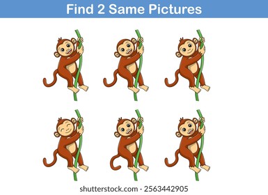 Funny cartoon monkey. Find two same pictures. Educational game for children. Cartoon vector illustration