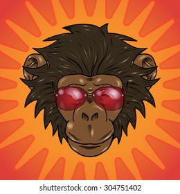 funny cartoon  monkey with glasses on a orange background