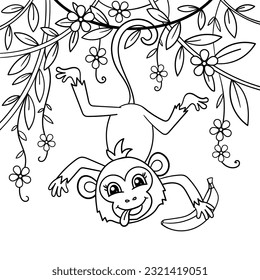 A funny cartoon monkey hangs on a branch with a banana. Black and white linear drawing. For children's design of coloring books, prints, posters, postcards, stickers, etc. Vector