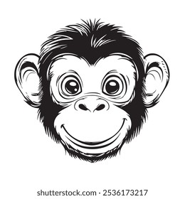 Funny cartoon monkey head in simple black and white woodblock print