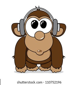 Funny cartoon monkey with headphones listening to music, vector illustration