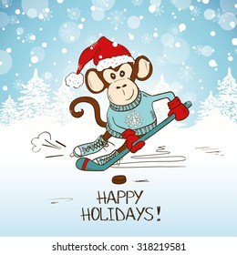 Funny cartoon monkey playing hockey. Symbol of the New Year 2016. New Year and Christmas greeting card. 