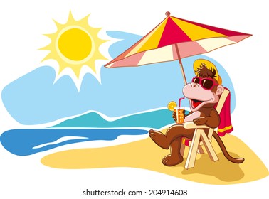 Funny cartoon monkey relaxing on beach chair by sea in summer vacation. Vector illustration