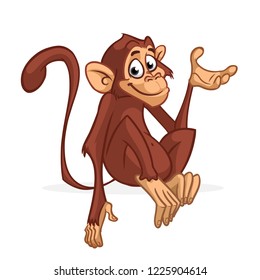 Funny cartoon monkey sitting and presenting. Vector illustration of chimpanzee scratching his head.